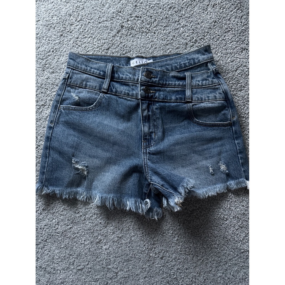 Cello Womens High Waisted Crossover Denim Shorts‎ Medium Wash Distressed Size S